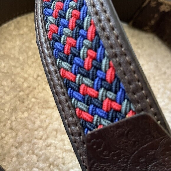 Robert Graham Men Belt 38 Braided Woven Red Blue Grey Tooled Brown Leather Golf - Picture 4 of 11